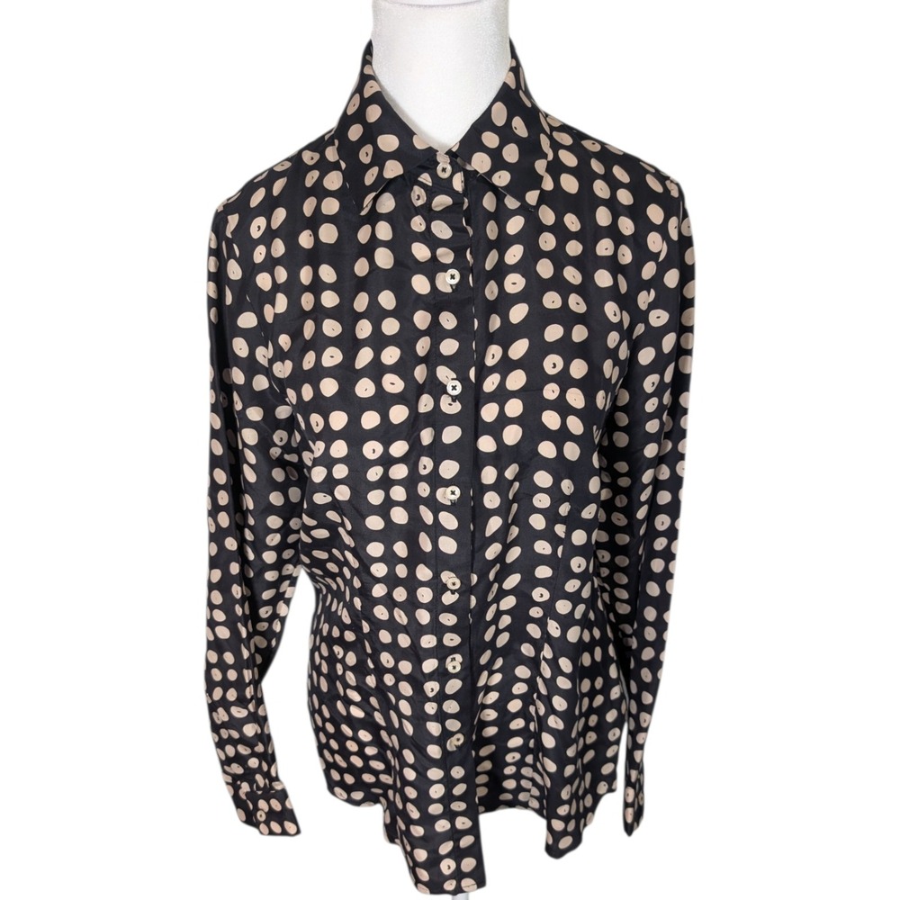 Cabi Women's Black Tan Polka Dot 100% Silk Button Down Blouse Size Small